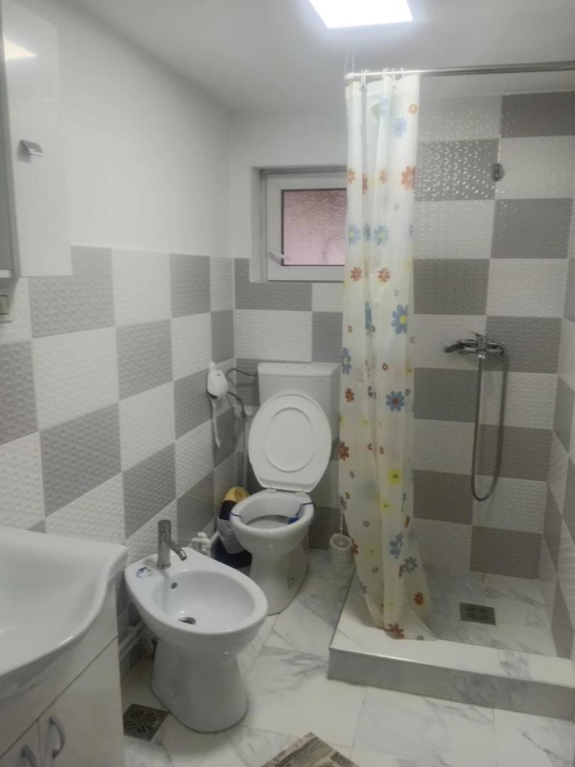 Baia cu duș, chiuvetă și fereastră