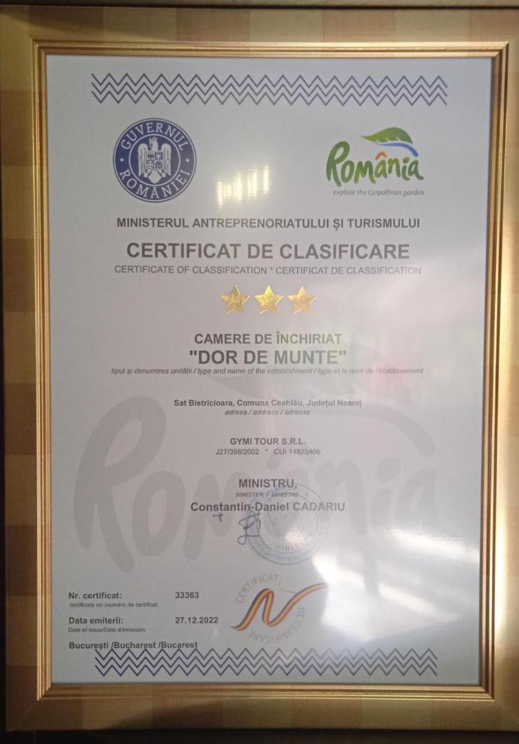 Certificatul de clasificare 3 stele emis pentru Dor de Munte